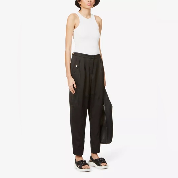 ME & EM Pants - Me + Em black Slim-fit barrel-leg satin trousers,  size 10 (us6)